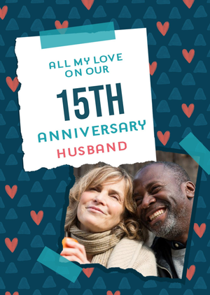 Note Paper And Photo Frame Stuck Down On A Blue Patterned Background Anniversary Photo Upload Card