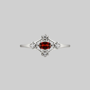 MARTHA. Ornate Garnet Floral Ring - Silver