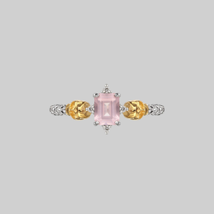 STAR CROSSED LOVERS. Rose Quartz & Skulls Ring - Silver