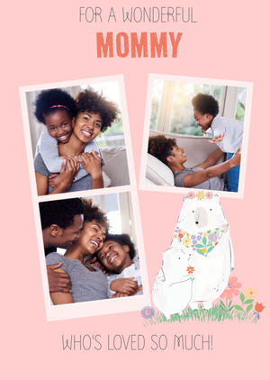 Three Photo Upload Cute Illustrated Bears Mommy Birthday Card