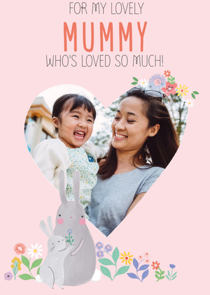 Cute heart shaped photo upload illustrative rabbits Mummy Birthday Card