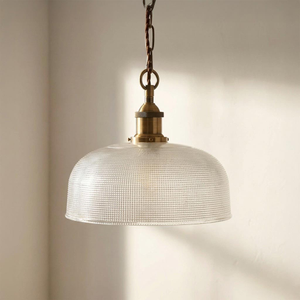 Prismatic Stepped Dome Glass Pendant Light with Antique Brass Lampholder and Chain with Brown Twisted Cable