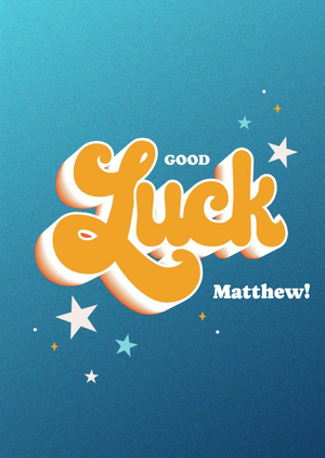 Retro 3D Typography Surrounded By Stars On A Blue Gradient Background Good Luck Card