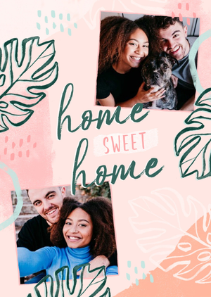 Illustration Of Leaves With Photo Frames On A Pink Abstract Background New Home Photo Upload Card