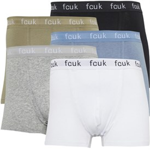 French Connection Mens FCUK Five Pack Boxers FCUK21-Black/Light Blue/Light Khaki/Grey/White