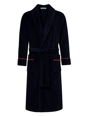 Carnegie Luxury Cotton Long Velvet Smoking Jacket in Navy