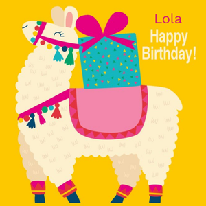Moonpig Colourful Cartoon Illustration Of A Llama Carrying A Present Birthday Card