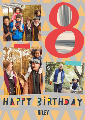 Colourful Typographic Multi Photo Upload 8th Birthday Card