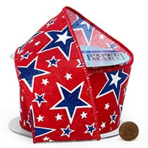 Glitter Blue Stars On Red Wired Ribbon, Yd, Blue, Red, Roll 1 - 2-1/2" X 10 - Embellishments & Trims by Paper Mart