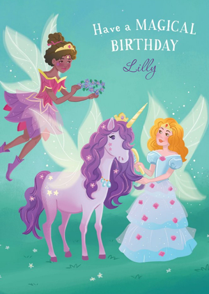 Illustrative Magical Unicorn and Fairies Birthday Card
