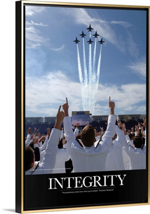 Military Poster: Members of the U.S. Naval Academy cheer as the Blue Angels perform