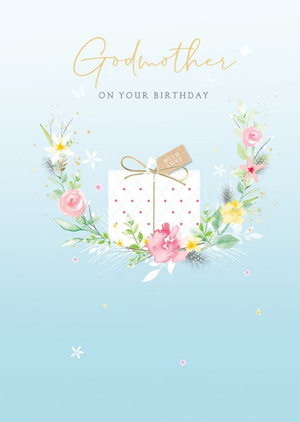 Illustration Of A Present With A Half Wreath On A Blue Background Godmother's Birthday Card