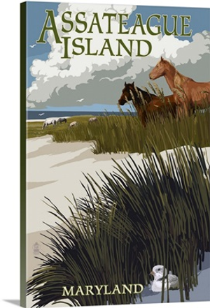 Assateague Island, Maryland - Horses and Dunes: Retro Travel Poster