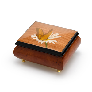 Gorgeous 18 Note Natural Wood Tone Butterfly and Daisy Inlay Music Box