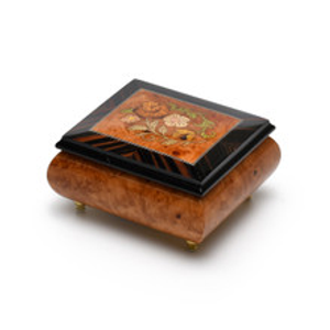 Radiant 18 Note Floral Glossy Wood Inlay Box with Rosewood Border, Classy & Beautiful