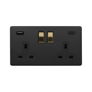 Soho Fusion Matt Black & Brushed Brass 2 Gang USB A&C Socket (13A Socket + 2 USB Ports A&C 3.1A)