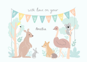 Illustration Of Various Animals Under A Bunting Baby Shower Card