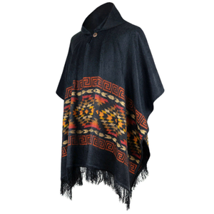 Cutuntza - Lightweight Baby Alpaca Hooded Poncho - Charcoal with Aztec Pattern - Unisex