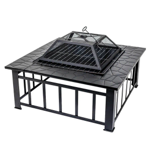 Square Firepit 800mm with Cooking Grill - Flaming Coals