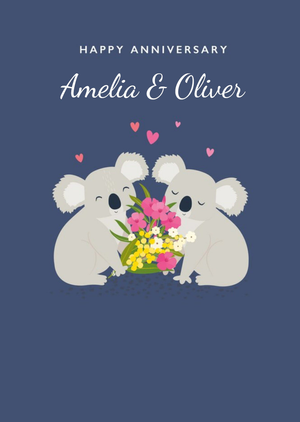 Cute Illustration Of A Pair Of Koalas With Flowers On A Blue Background Anniversary Card