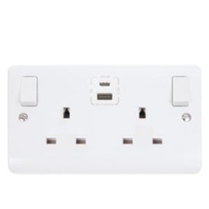 Click CMA786 Mode 2 Gang Double Pole 13A Switched Socket with Type A C USB White