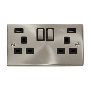 VPSC580BK Decorative Double Ingot Switched Socket with Dual USB Slots (4.2A) with Black Inserts in Satin Chrome