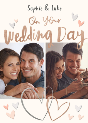 Double Photo Upload Illustrative Hearts Wedding Card