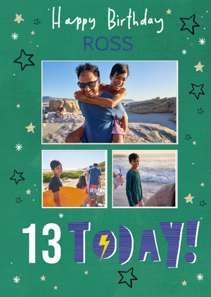 Green Illustrated Stars Age Photo Upload Birthday Card