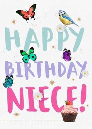 Butterfly, Bird and Cupcake Niece Birthday Card