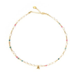 Beaded Gemstone & Pearl Initial Necklace (Letter R)