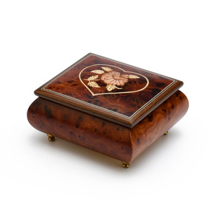Charming 18 Note Burl-Walnut Flower in Heart Outline Sorrento Musical Jewelry Box
