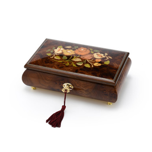 Gorgeous 30 Note Dark Natural Wood Tone Floral Inlay Musical Jewelry Box with Lock and Key