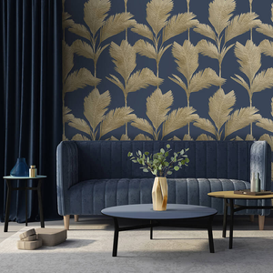 Belgravia Decor Alessia Leaf Navy/Gold Metallic Wallpaper - 213