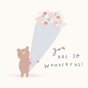 Illustration Of A Bear Holding A Large Bouquet Of Flowers Mother's Day Card