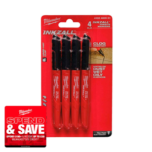 Milwaukee 4932480551 INKZALL Fine Tip Marker Black (4 Pack)