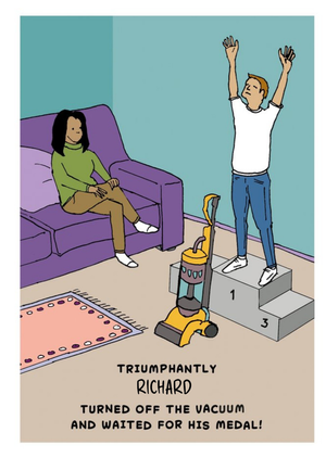 Humorous Vacuum and Medal Man Birthday Card