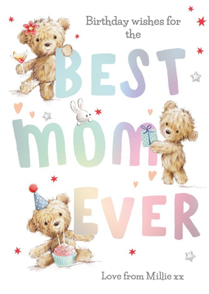 Illustrated Teddy Bears Rainbow Typographic Personalised Best Mom Ever Card
