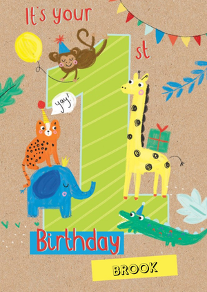 Clintons Jungle animals 1st birthday card