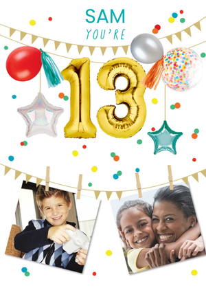Party Themed Display Of Balloons With Two Photo Uploads Thirteenth Birthday Card
