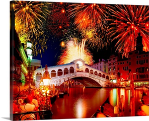 Italy, Venice, Rialto Bridge at night with fireworks