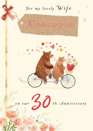 Ling Design Illustrated Bears On a Tandem Bicycle 30th Anniversary Editable Card