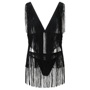 Black Fringe Tassel Top And Skirt Set With High Waisted Knicker (L)