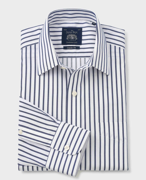 White Navy Stripe Classic Fit Non-Iron Shirt - Single Cuff [RTC]