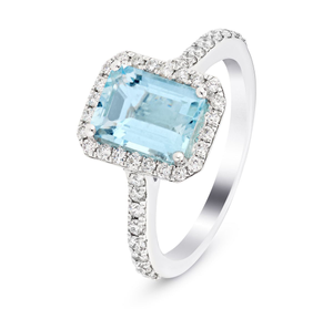 Halo Aquamarine 1.31ct and Diamond 0.38ct Ring in Platinum