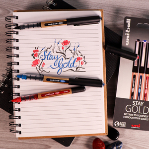 Uni-ball On Point Stay Gold Broad Rollerball Handwriting Pens 3 Pack Assorted