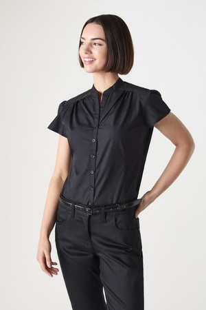 SJ Women's Puff Sleeve Mandarin Collar Shirt, Black