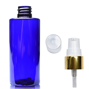 100ml Cobalt Blue Tubular PCR/PET Plastic Bottle & Gold Lotion Pump - White & Gold