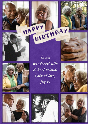 Multiply Photo Frames Surrounding Text On A Purple Background Wife's Photo Upload Birthday Card