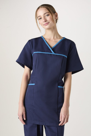 SJ Women's Semi-Fitted Pull-On Scrub Top, Navy/Teal