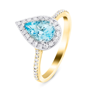 Halo Pear Aquamarine 1.09ct and Diamond 0.33ct Ring in 18K Yellow Gold
